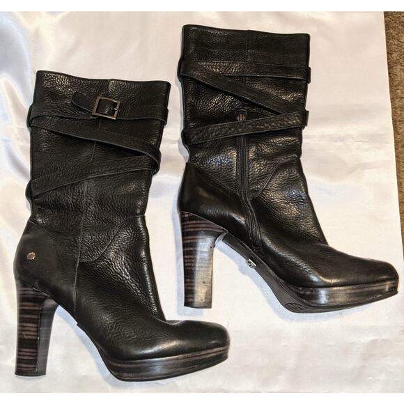 UGG Jardin Women's Black Leather Platform Heeled Boots Side Zip 1004150 Size 7.5 - Picture 1 of 9